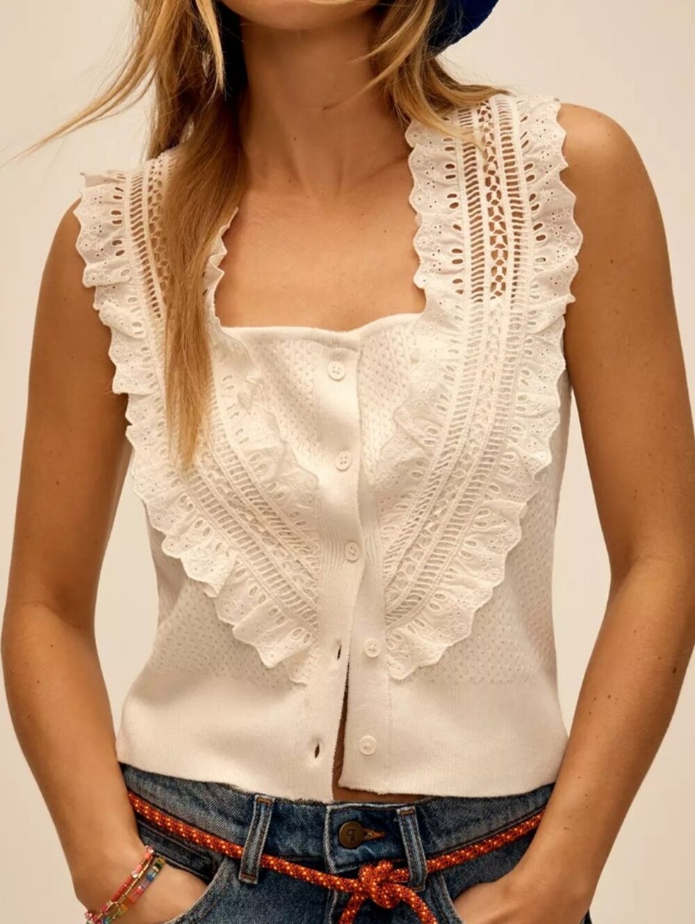 Pilcro Crafted Bib Sweater Tank Top S Cream Ivory Lace Peasant Feminine Ruffle